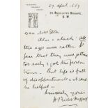 * Haggard (Henry Rider, 1856-1925). Autograph letter signed, 'H. Rider Haggard', 27 April 1889