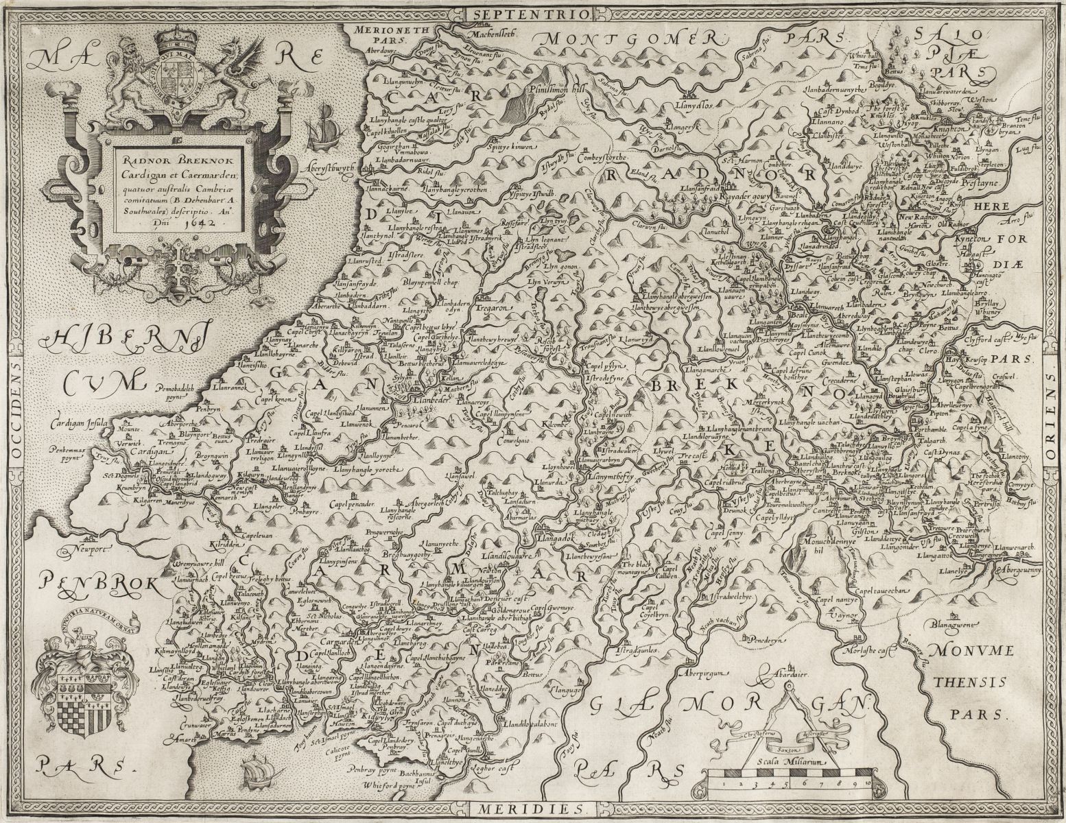 Wales. Saxton (Christopher & Webb William), Radnor, Breknock Cardigan et Caermarden..., 1642