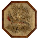 * Needlework picture. An octagonal tapestry picture of a golden pheasant, Victorian