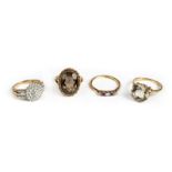 * Rings. A yellow metal diamond cluster ring plus 3 other rings