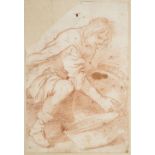 * Continental School. Young Man Stacking Pots, red chalk on laid paper