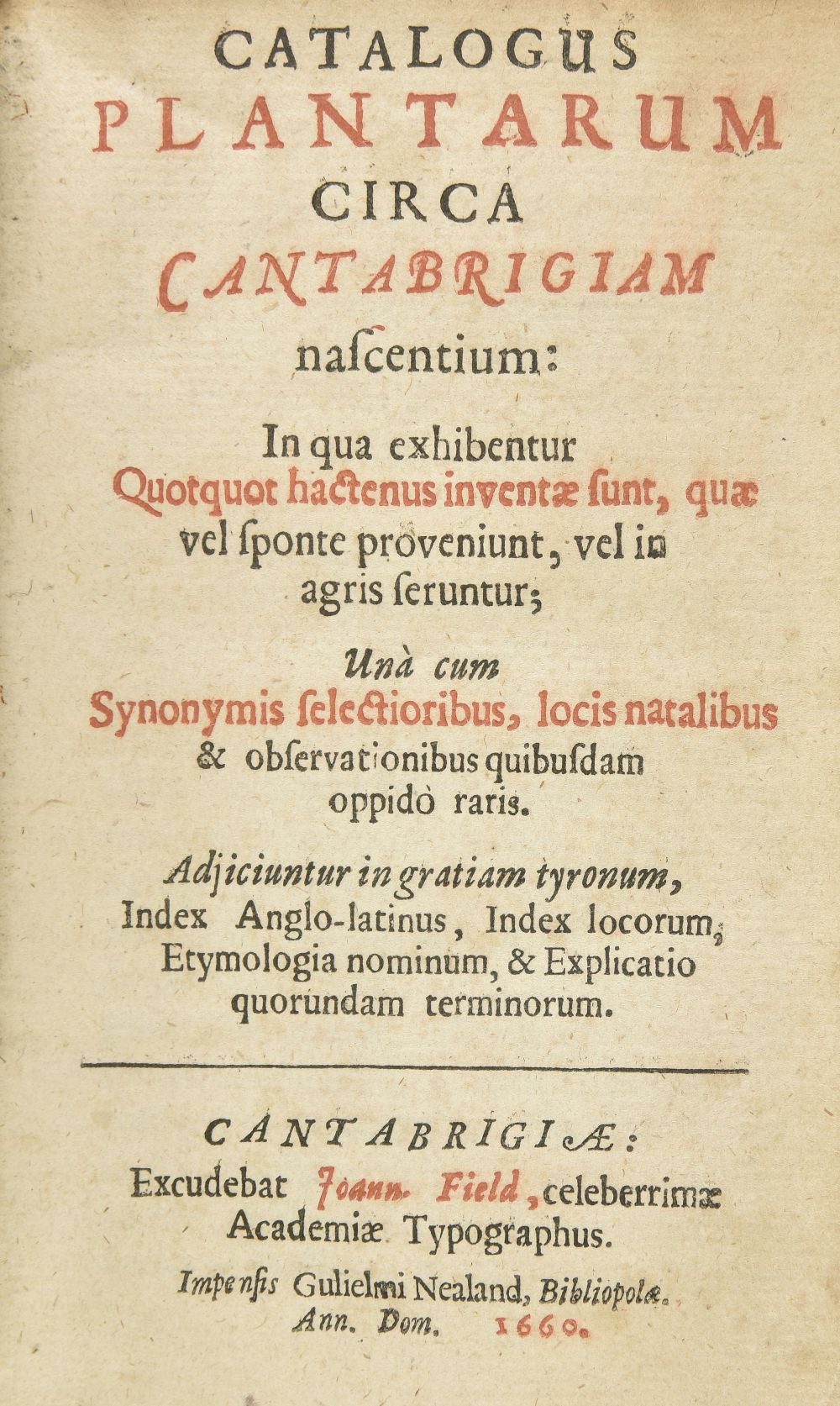 Ray (John). Catalogus plantarum circa Cantabrigiam nascentium, 1st edition, 1st state, 1660