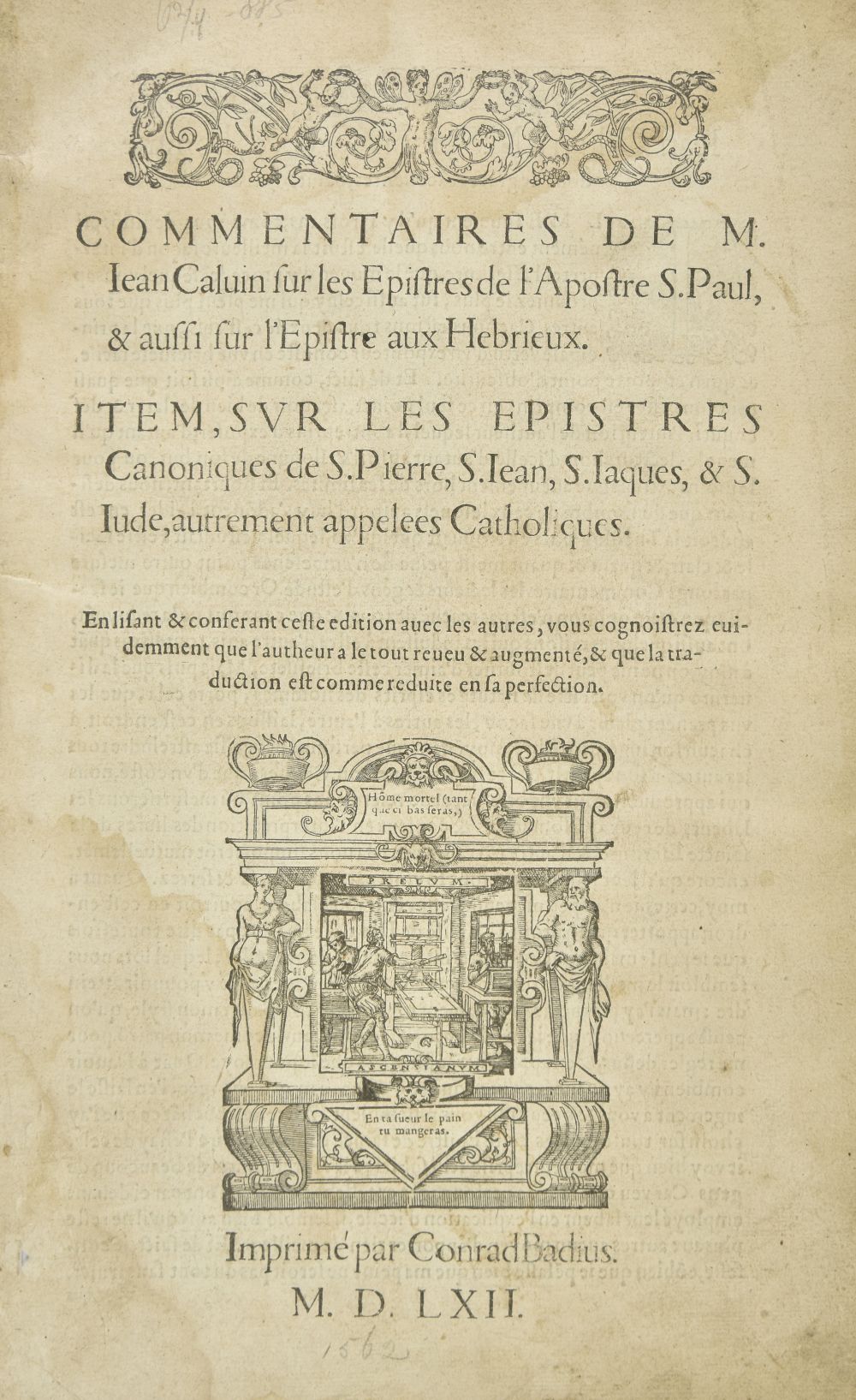 Calvin (John). Commentaires sur les Epistres de l'Apostre S. Paul, Geneva, 1562