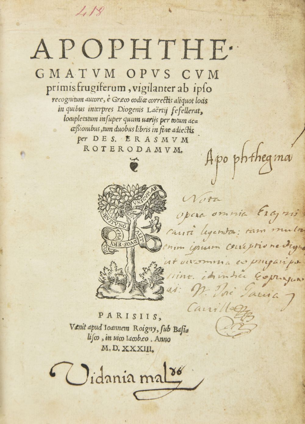 Erasmus (Desiderius). Apophthegmatum, Paris, 1533, [bound with:] Plutarch, Apophthegmata, c.1525