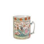 FAMILLE ROSE EXPORT TANKARD, QING DYNASTY, 19TH CENTURY, the cylindrical sides painted with panels