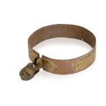 STEEL BEAR COLLAR with brass nameplate 'Callisto', brass hinge and shackle and heavy padlock, 32cm