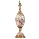 AUSTRIAN SILVER AND ENAMEL PERFUME BOTTLE VASE, VIENNA, CIRCA 1900, the sides painted with