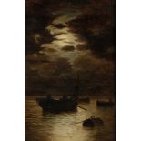 AFTER CLAUDE JOSEPH VERNET (1714-1789) Fisherman under moonlit skies, oil on board, 26cm x 17cm