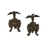 A PAIR OF RENAISSANCE REVIVAL BRONZE INKWELLS, each with three caryatid supports and surmounted by