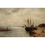 GUSTAVE DE BREANSKI (1856-1898) A fishing boat beside the quay, signed lower left, oil on canvas,