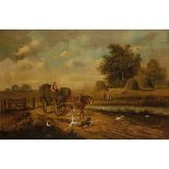 NAIVE SCHOOL, 19th century A haycart passing women in the field beside hayricks, a church steeple to