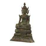 BRONZE FIGURE OF A SEATED BUDDHA, THAILAND, the figure in the Bhumisparsha Mudra, on a stepped base,