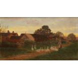 VICKERS DE VILLE (1856-1925) 'A Derbyshire Farm', a study of a woman ushering a gaggle of geese