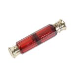 VICTORIAN CRANBERRY GLASS AND SILVER-GILT TOPPED DOUBLE ENDED SCENT BOTTLE, by Sampson Mordan,