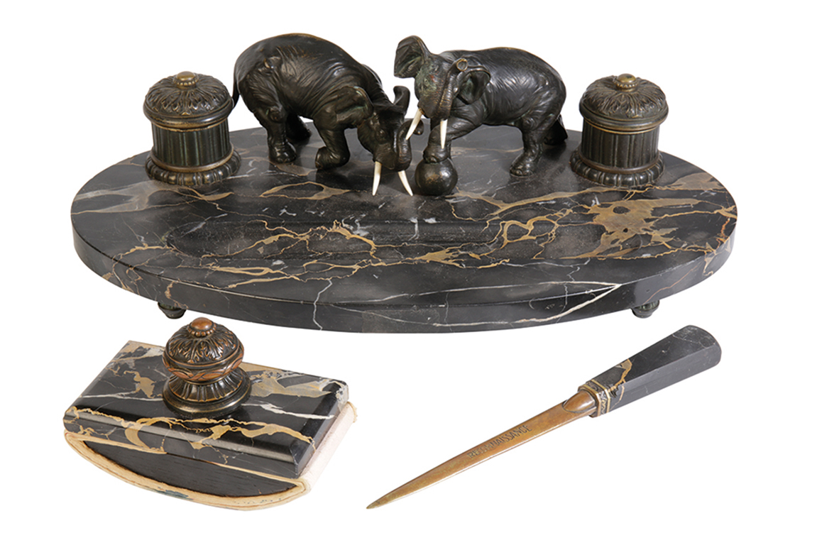 LATE 19 TH CENTURY MARBLE INK STAND & BLOTTER with bronze figures of bull elphants , bronze inkwells