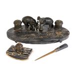 LATE 19 TH CENTURY MARBLE INK STAND & BLOTTER with bronze figures of bull elphants , bronze inkwells