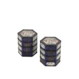 PAIR OF CHINESE BLUE LUSTRE ENAMEL FOUR-SECTION HEXAGONAL BOXES the sides painted with panels of