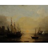 MANNER OF PETER MONAMY, THE MORNING GUN WITH SHIPPING IN A HARBOUR, oil on canvas, framed, 50cm x