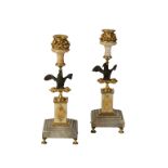 PAIR EMPIRE OF STYLE BRONZE AND MARBLE CANDLESTICKS, LATE 19TH CENTURY, with eagle stems and