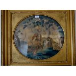 PAIR OF REGENCY SILKWORK PICTURES of a soldier approaching a woman and child beneath a tree in a