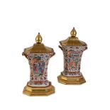 PAIR OF CHINESE EXPORT AND GILT-WOOD MOUNTED VASES, 18TH CENTURY AND LATER, of canted square