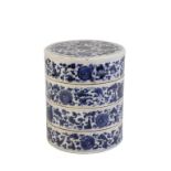 BLUE AND WHITE 'CHRYSANTHEMUM' CYLINDRICAL BOX, LATE QING DYNASTY, the four circular section each