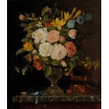 ANGE FRANCOIS (1800-1867) A still life study of flowers in a glass vase on a marble topped table,