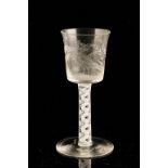 AIR TWIST WINE GLASS with engraved bird and floral scene and spiral air -twist stem Circa 1750 17 cm