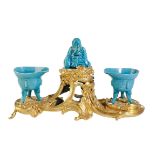 CHINESE TURQUOISE-GLAZE PORCELAIN AND GILT-BRONZE MOUNTED INKSTAND, 18TH / 19TH CENTURY, formed of