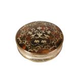 CONTINENTAL PIQUEWORK TORTOISHELL BOX, 19th century, of circular form, inset with animals, birds and