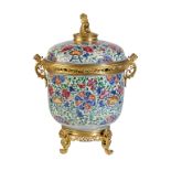 CHINESE FAMILLE ROSE PORCELAIN AND GILT-BRONZE MOUNTED COVERED JAR, 19TH CENTURY, the domed cover