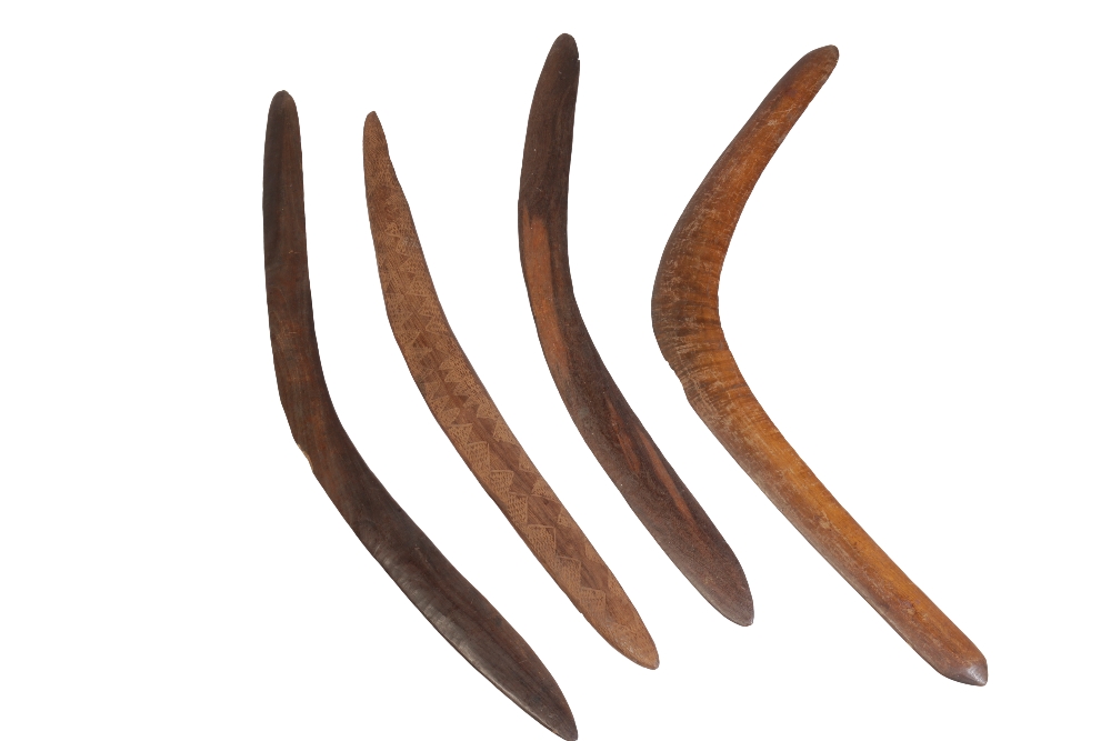 FOUR LATE 19TH CENTURY ABORIGINE HARD WOOD BOOMERANGS