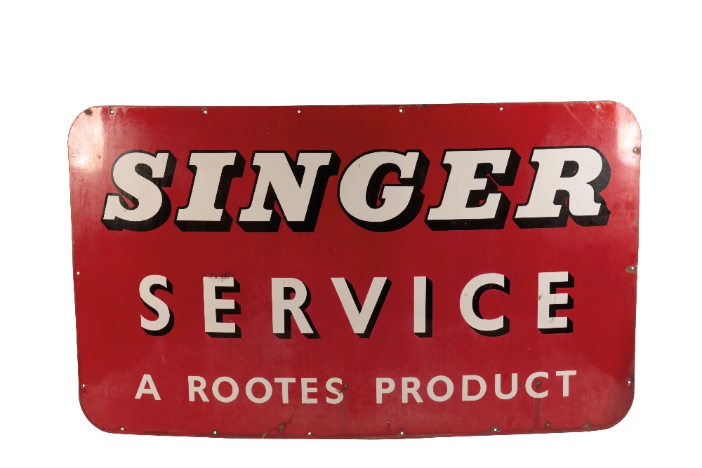 LARGE VINTAGE ENAMEL 'SINGER SERVICE A ROUTES PRODUCT' SIGN, 107cm x 183cm