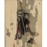 •JANINE DELAPORTE (French, 1928-2013) Trompe-l'œil style study of keys hanging from a nail