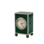 CARTIER A FRENCH GUILLOCHE ENAMEL MINIATURE CARRIAGE CLOCK