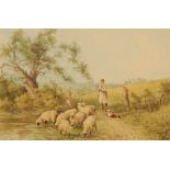 HORACE LESLIE A shepherd and his flock on a country path beside a pond