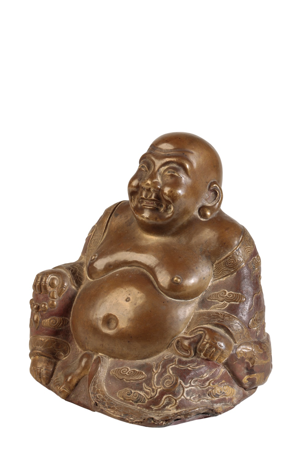 GILT COPPER ALLOY FIGURE OF A LAUGHING BUDDHA - Image 2 of 2