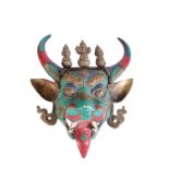 BRONZE AND HARDSTONE INLAID MASK, TIBET