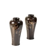 PAIR OF JAPANESE BRONZE AND SILVER INLAID VASES