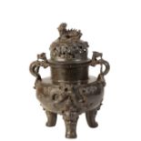 LARGE BRONZE 'DRAGON AND PHOENIX' CENSER AND COVER