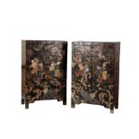 PAIR OF BLACK LACQUER, MOTHER OF PEARL AND HARDSTONE TABLE CABINETS