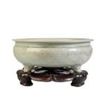 LARGE CELADON CENSER ON HARDWOOD STAND