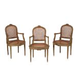 SET EIGHT FRENCH GREY PAINTED ARMCHAIRS