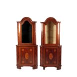 PAIR DUTCH MAHOGANY AND MARQUETRY INLAID CORNER DISPLAY CABINETS