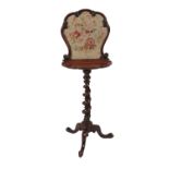VICTORIAN ROSEWOOD POLE FIRESCREEN, the scroll panel inset with a embroidered bouquet of flowers, ha
