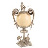 19TH CENTURY CONTINENTAL SILVER PLATED MOUNTED OSTRICH EGG