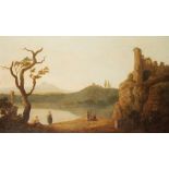 CONTINENTAL SCHOOL Extensive river landscape with figures conversing and fishing