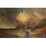 ENGLISH SCHOOL, 19TH CENTURY Wrecked ship in rough seas along the coast