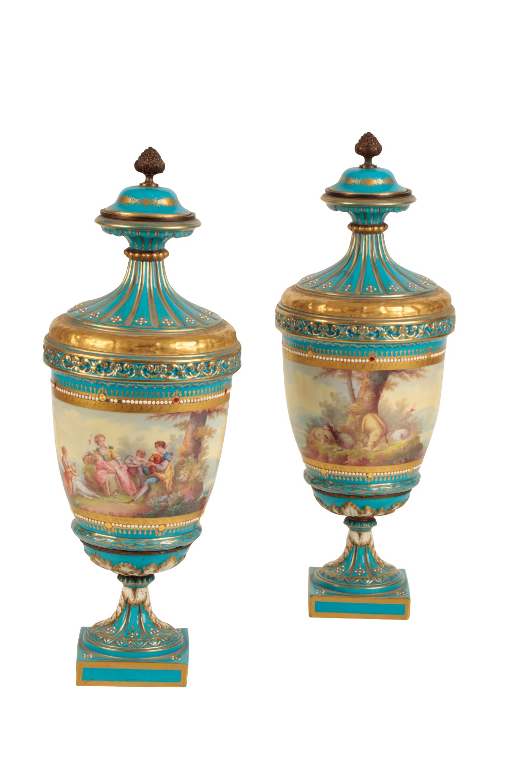 LARGE PAIR OF SEVRES STYLE COVERED URNS