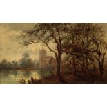 CONTINENTAL SCHOOL, 19TH CENTURY View of a church through trees and over a river